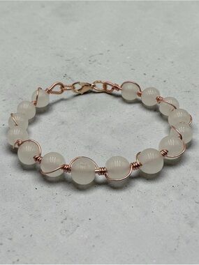 Milky White Beaded Bracelet Handmade Wire Wrapped Copper Boho Jewelry Gift